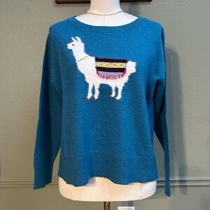 Sundance Petite Small Blue Llama Intarsia Wool Blend Sweater PS